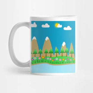 A scenic landscape with a mountains, trees,  sky, clouds and a river with boat Mug